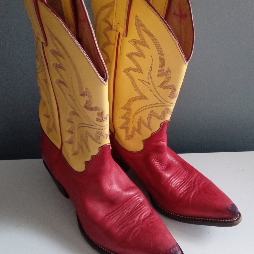 Red Yellow Leather Western Cowboy Boots Pointed Toe Embroidered Size Unknown